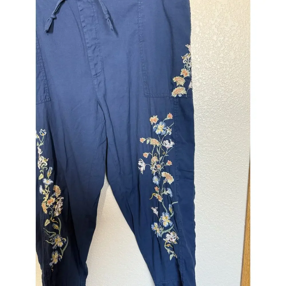 Sundance Embroidered Tie Waist Ankle Pants Size XL Blue Floral